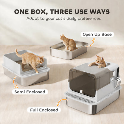 XXL Stainless Steel Cat Litter Tray, Enclosed Cat Litter Box with 90° Flip Cover, Double Doors, Scoop, Easy Clean, Grey