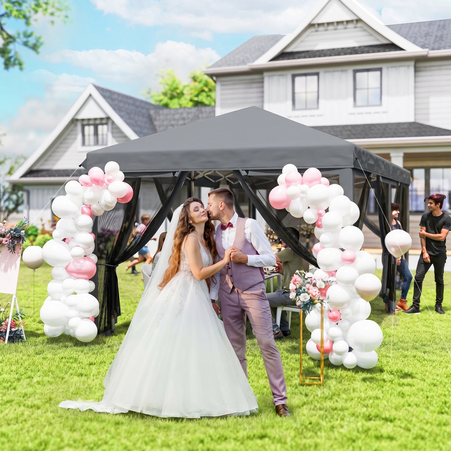 3 x 6m Pop Up Gazebo, Outdoor Canopy Shelter, Marquee Party Wedding Tent with 6 Mesh Walls and Carry Bag, Grey
