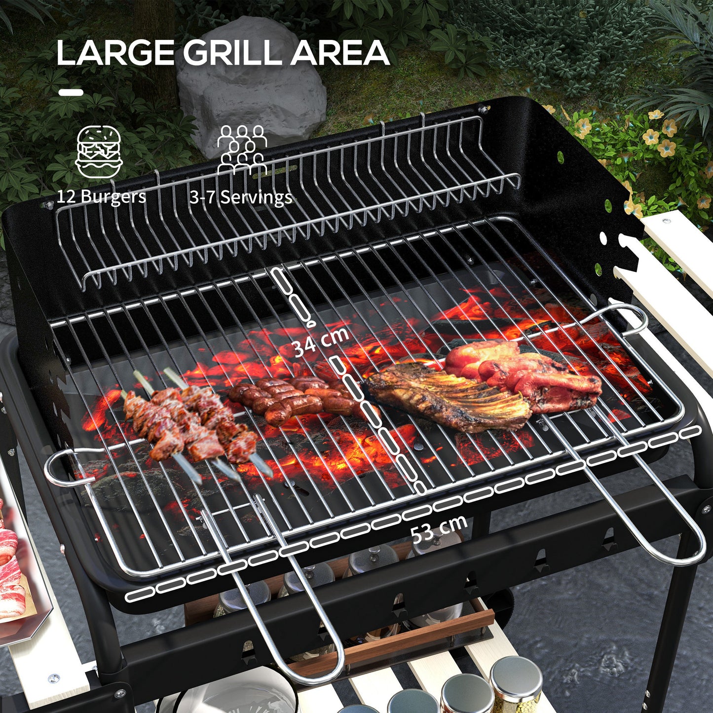 Charcoal Barbecue Grill with Adjustable Grill Height, Portable BBQ Trolley