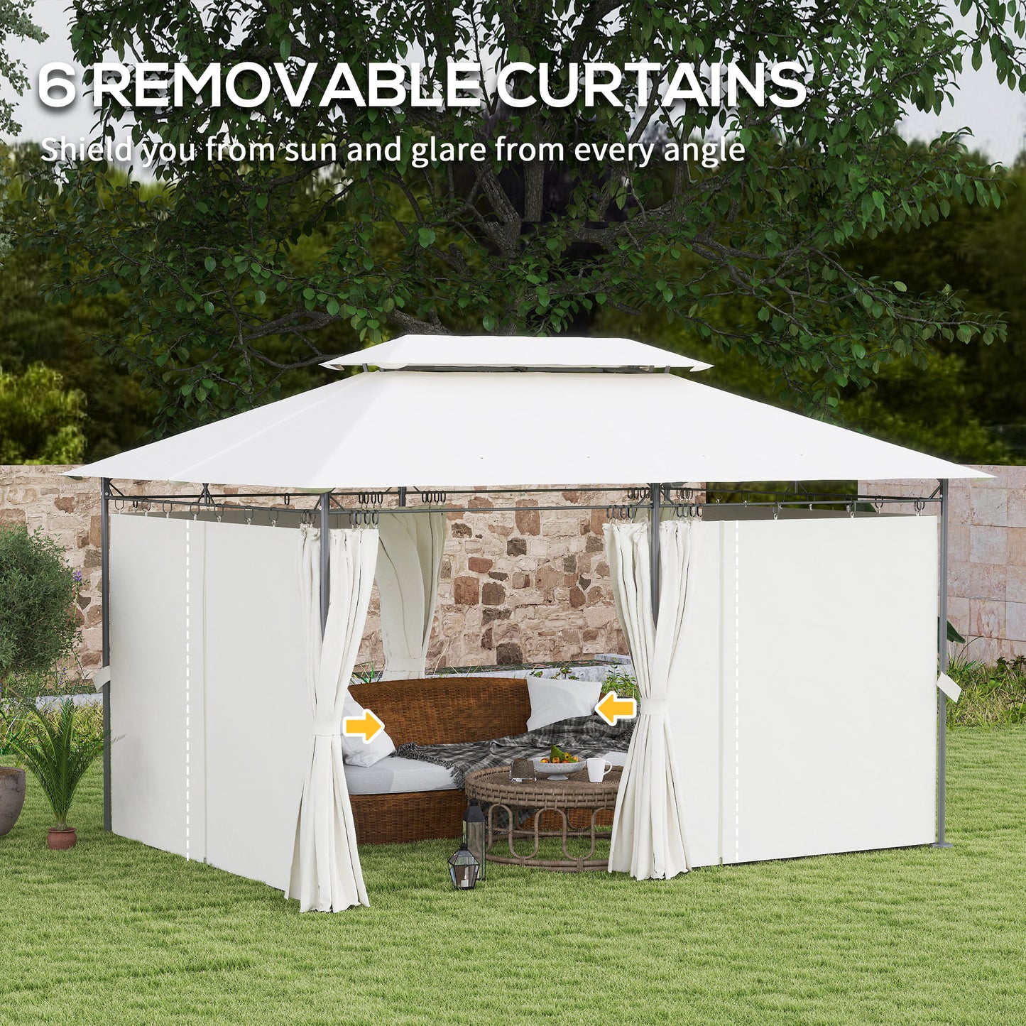 3 x 4m Metal Frame, Two-Tier Roof Gazebo - Cream White