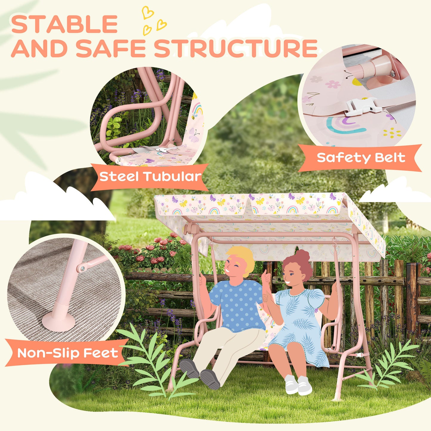 Kids Garden Swing Chair with Adjustable Canopy, Safety Belt, 2 Seater Hammock Swing Bench for Patio, Porch, Pink