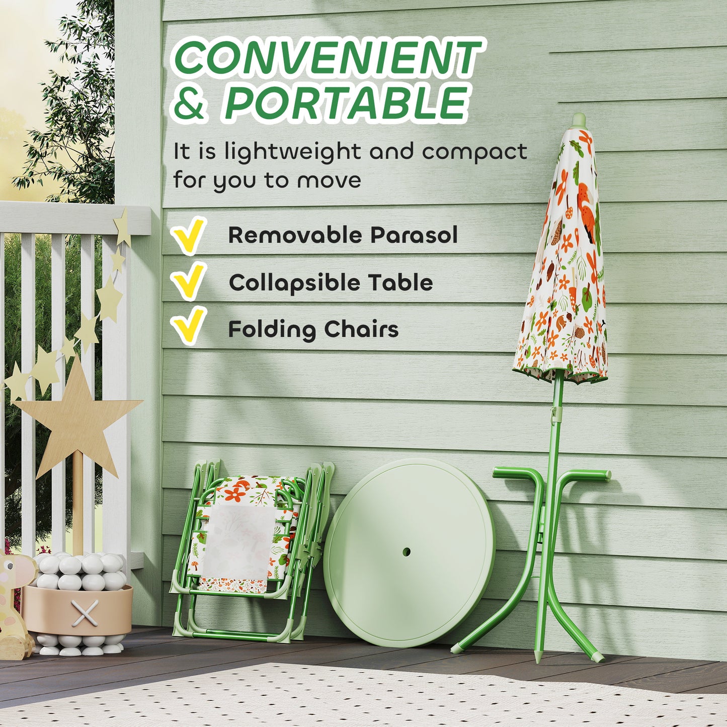 4-Piece Kids Garden Table and Chair Set with Adjustable Parasol, Folding Chairs, Table, Nature Pattern, Green