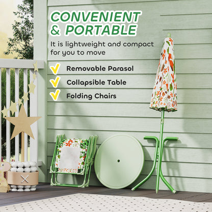 4-Piece Kids Garden Table and Chair Set with Adjustable Parasol, Folding Chairs, Table, Nature Pattern, Green