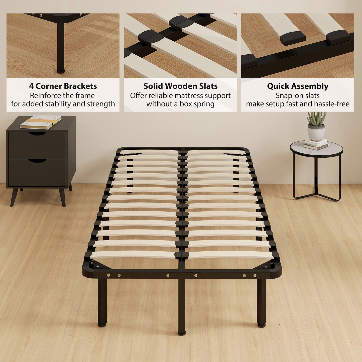 3ft Single Bed Frame, Metal Platform Bed Frame with 2 x 14 Wood Slats, No Box Spring Needed, Underbed Storage, Black