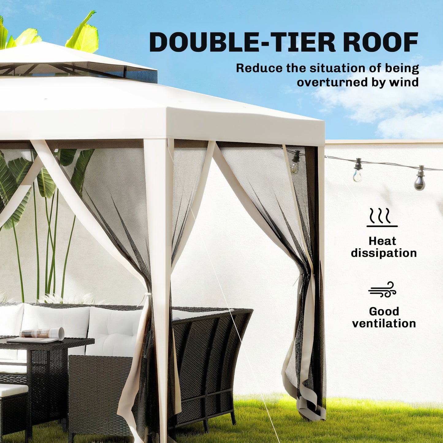 3 x 3 m Gazebo, Netting Party Tent, Patio Canopy Outdoor Event Shelter with Double Tier Roof, Cream White