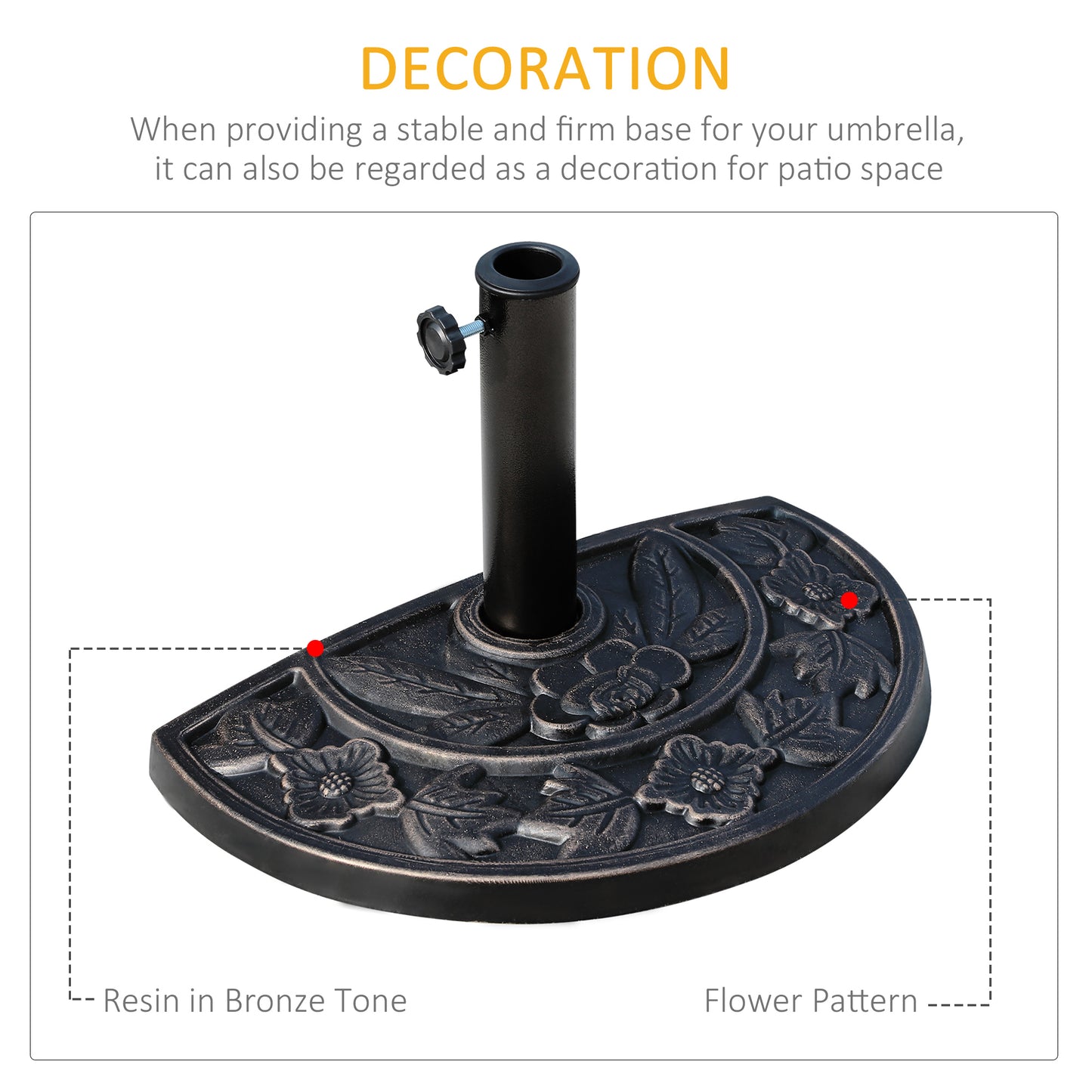 9kg Resin Parasol Base, Half Round Umbrella Stand with Floral Design for Garden, Outdoor, Suitable Umbrella Rod: Ø3.8cm