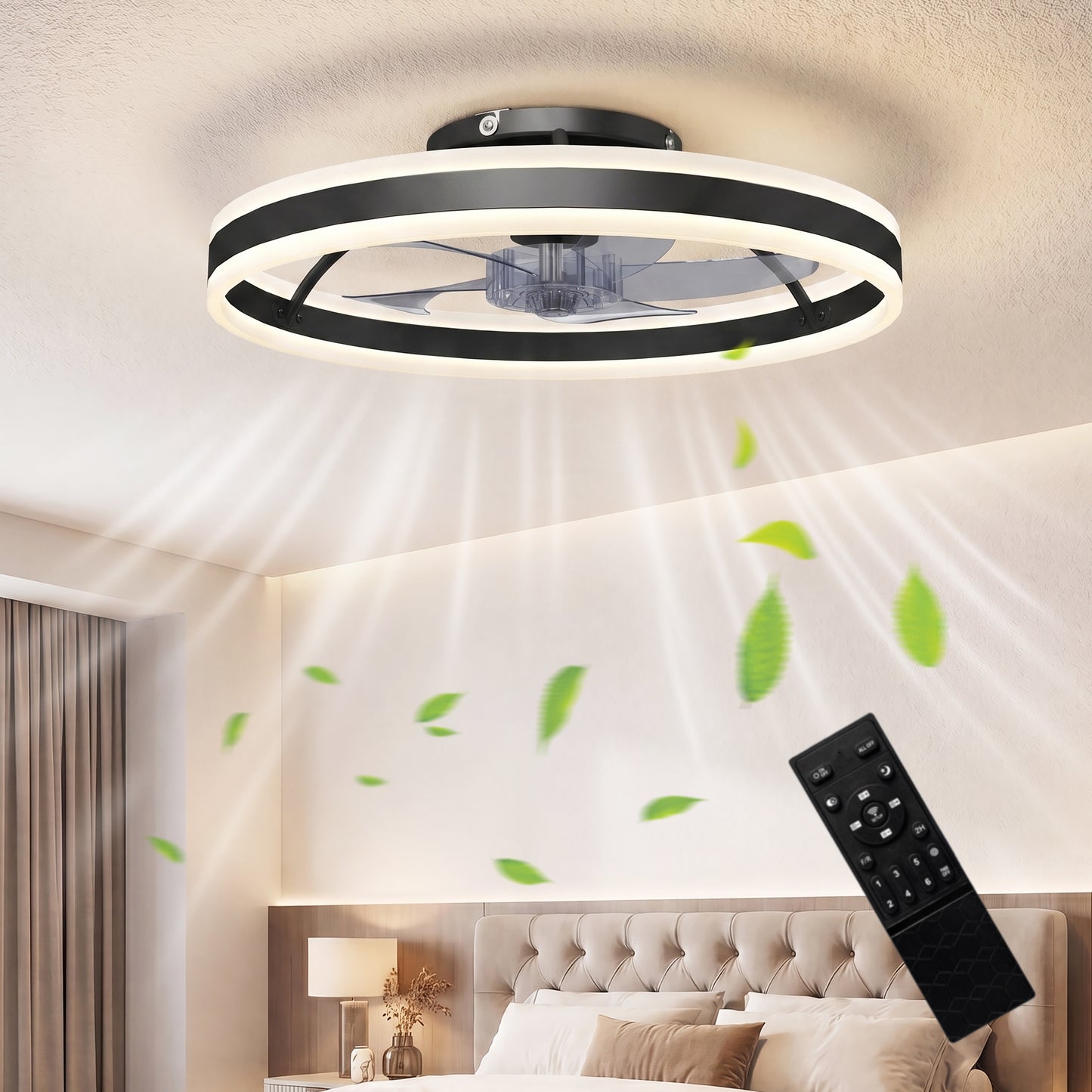 Ceiling Fan with Light and Remote, LED Mount Ceiling Fan with 3 Colour Temperatures, 6 Speed, 50 cm, Black