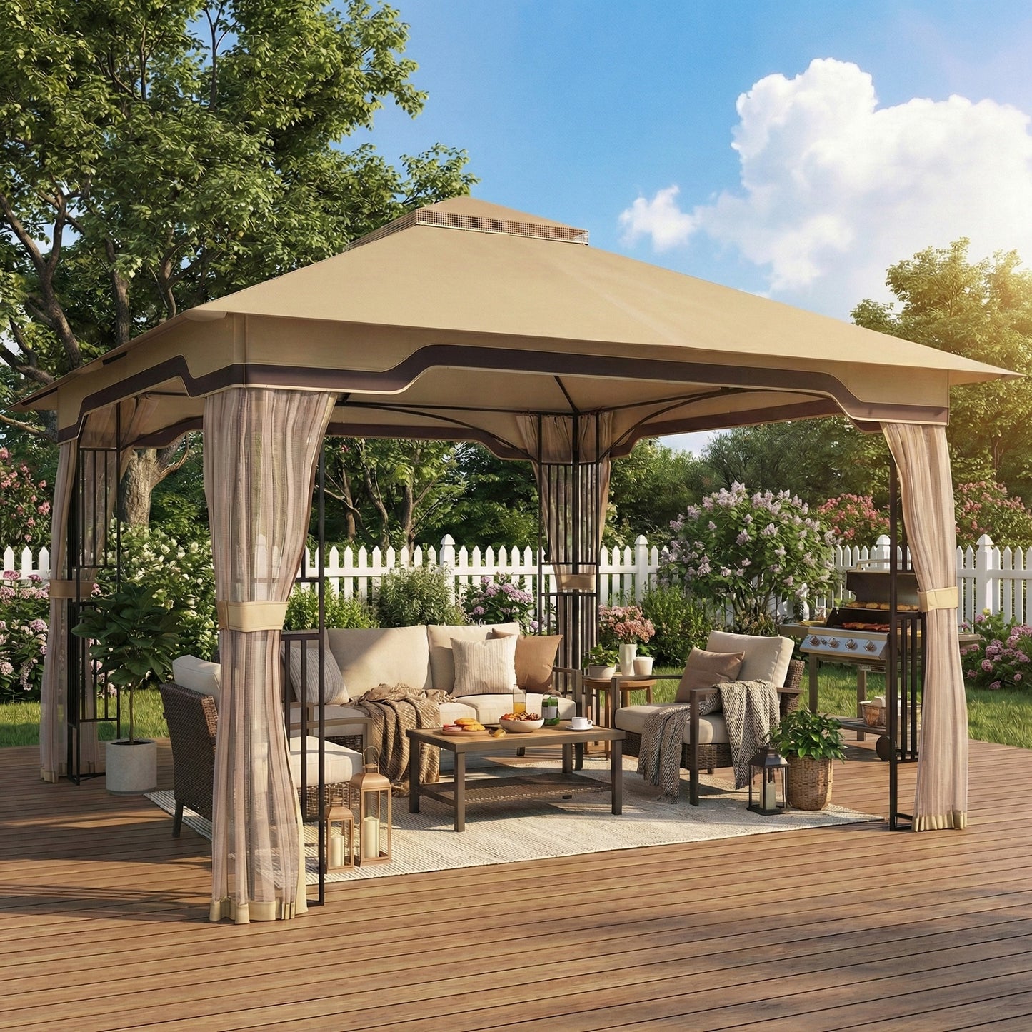 3.3 x 3.3 m Outdoor Garden Gazebo with Post Shelves, UPF50+ Patio Permanent Pavilion with Hook, Khaki