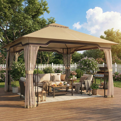 3.3 x 3.3 m Outdoor Garden Gazebo with Post Shelves, UPF50+ Patio Permanent Pavilion with Hook, Khaki