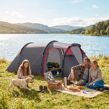 2 Man Tunnel Tent with Sewn-in Groundsheet, Air Vents, Rainfly, 2000mm Large Camping Tent with Bedroom, Porch