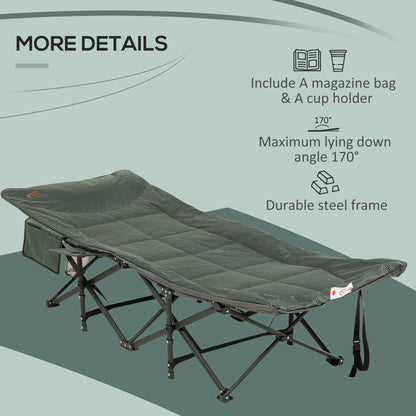 Foldable Camp Bed, Padded Patio Camping Bed with Carry Bag, Magazine Bag and Cup Holder for Outdoor, Garden, Grey