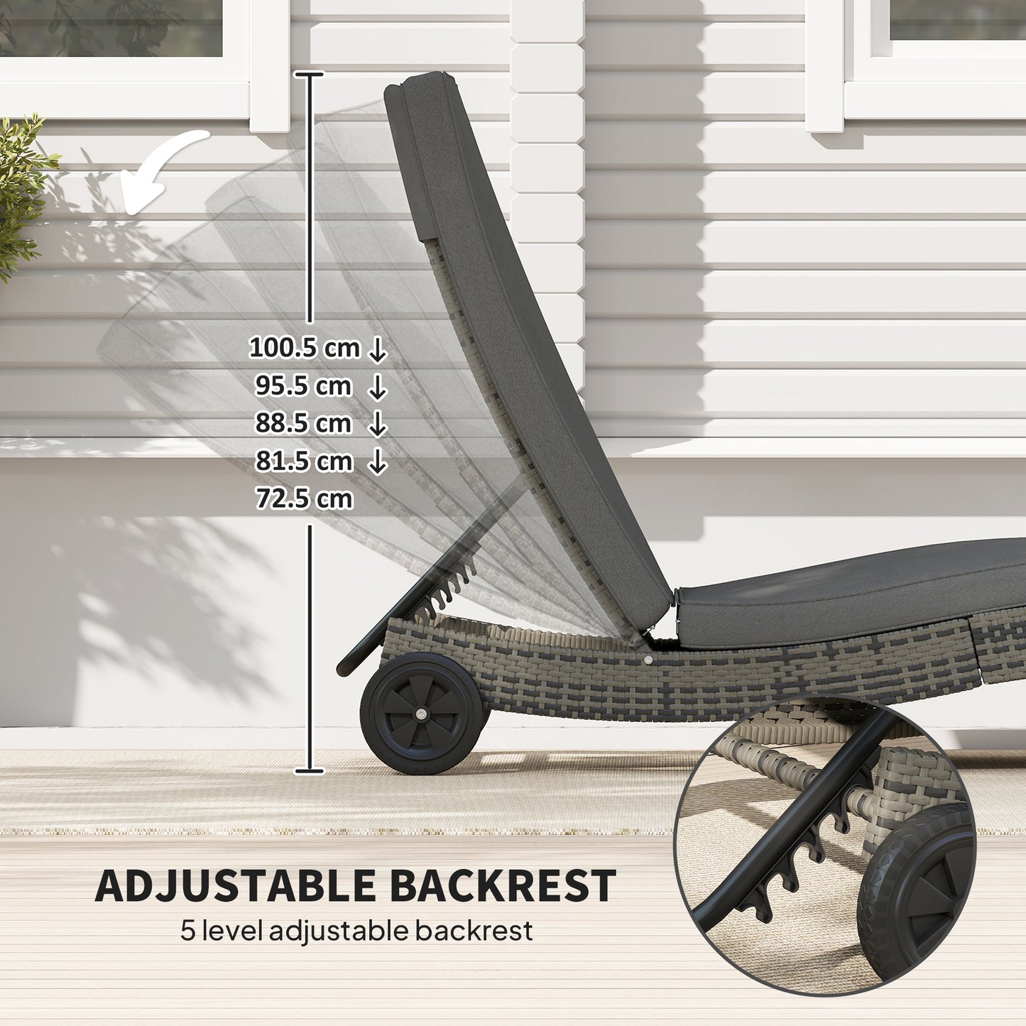 Patio Wicker Chaise Lounge Chair, Outdoor PE Rattan Sun Lounger with Adjustable Backrest and 2 Wheels, Dark Grey