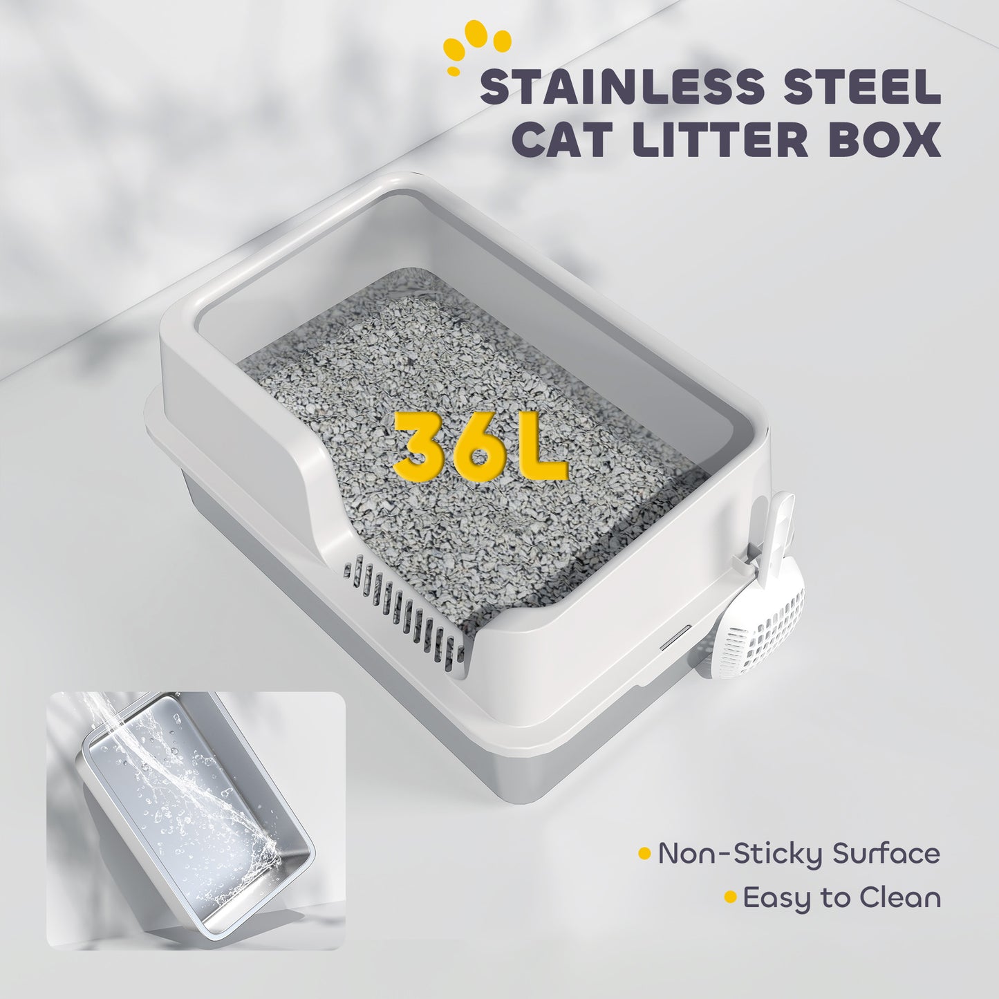 Stainless Steel Litter Box with Detachable Rim, Scoop, Easy Cleaning, Odour-Resistant, 60 x 40 x 28 cm