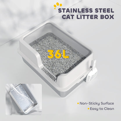Stainless Steel Litter Box with Detachable Rim, Scoop, Easy Cleaning, Odour-Resistant, 60 x 40 x 28 cm