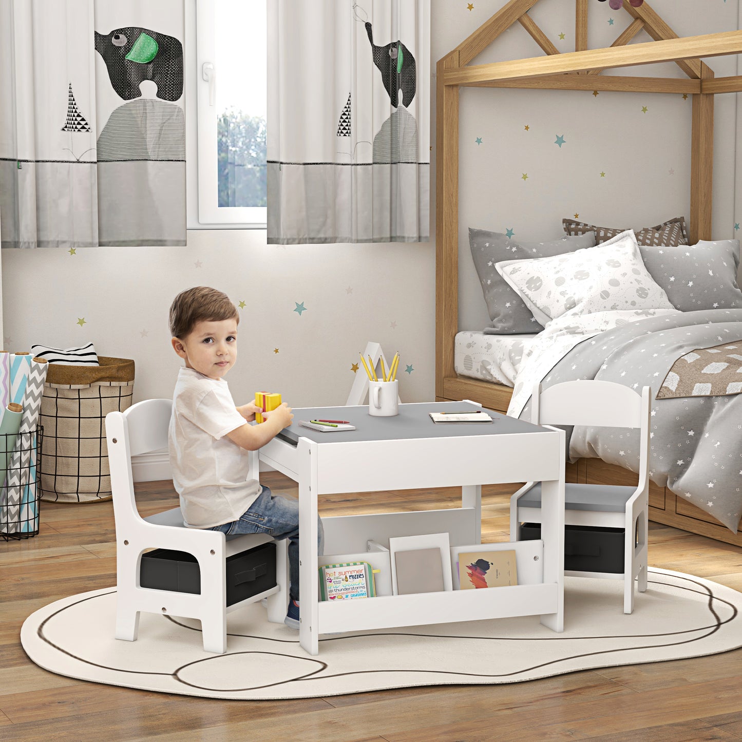 Three-Piece Kids Table and Chair Set with Blackboard, Storage, Bookshelves - Grey