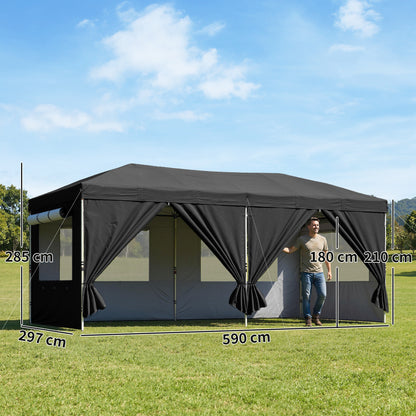 3 x 6 m Pop Up Canopy with UV50+ Protection Garden Gazebo with 6 Sidewalls, Black