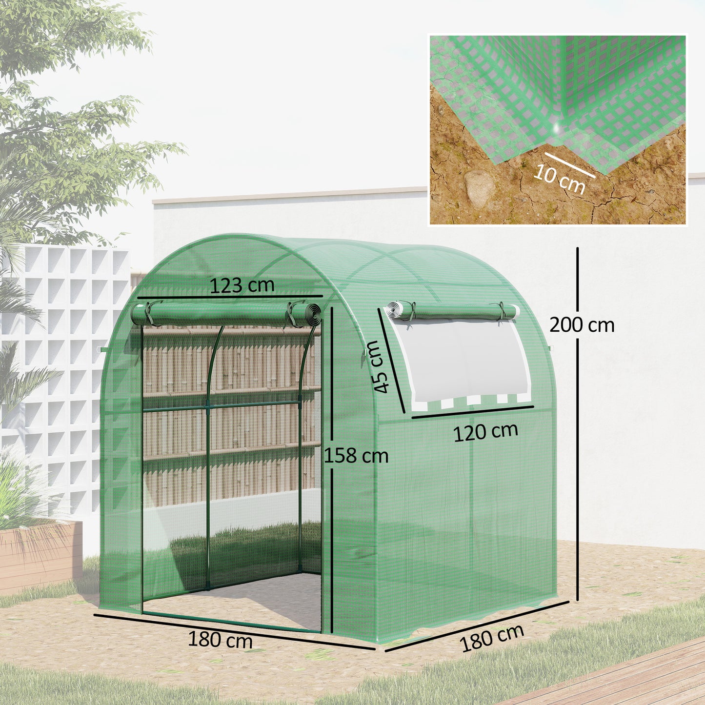 Walk in Polytunnel Greenhouse, Green House for Garden with Roll-up Window and Door, 1.8 x 1.8 x 2 m, Green