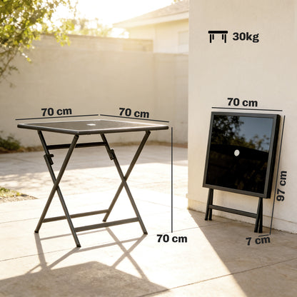 Folding Outdoor Dining Table, Square Garden Table Tempered Glass Top with Parasol Hole Garden Patio, 70 x 70 x 70 cm