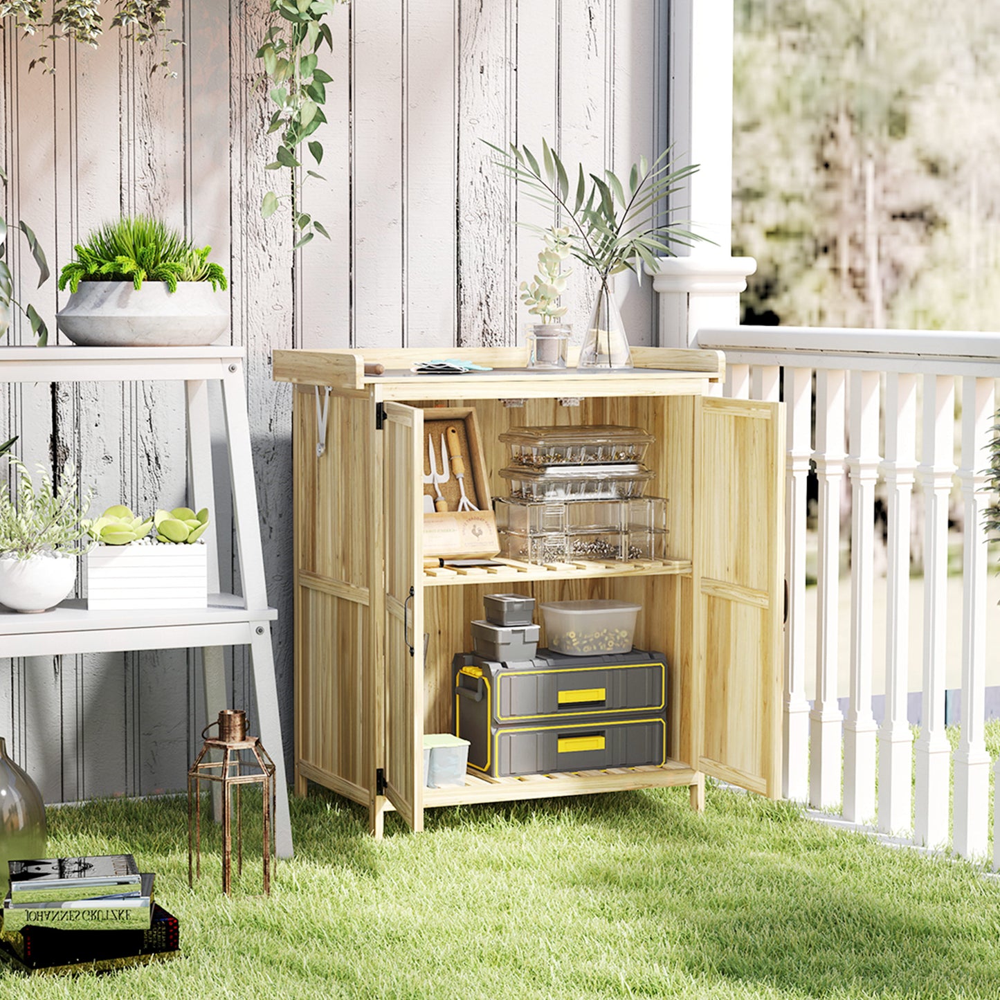 43 x 74cm Fir Wood Shed, with Metal Worktop - Natural Finish