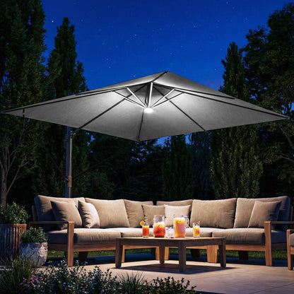 3 x 3 m Garden Cantilever Parasol with Light, Cover, Overhanging Umbrella w/ Wind Protection, 360° Rotation, Light Grey