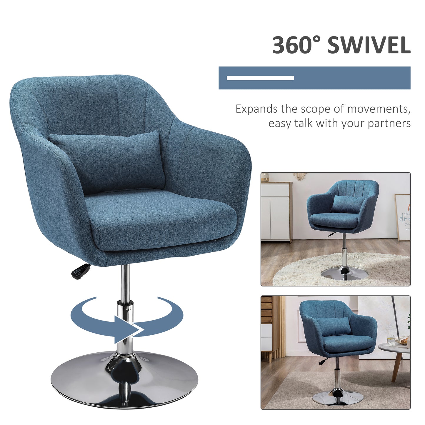 Swivel Accent Chair, Linen Fabric Tub Vanity Chair, Modern Armchair with Adjustable Height and Lumbar Support for Living Room