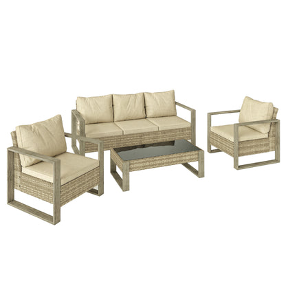 Rattan Garden Set, 4 Piece Rattan Garden Furniture Set with 3-Seater Sofa, Armchairs, Table, Aluminium Frame Patio Furniture