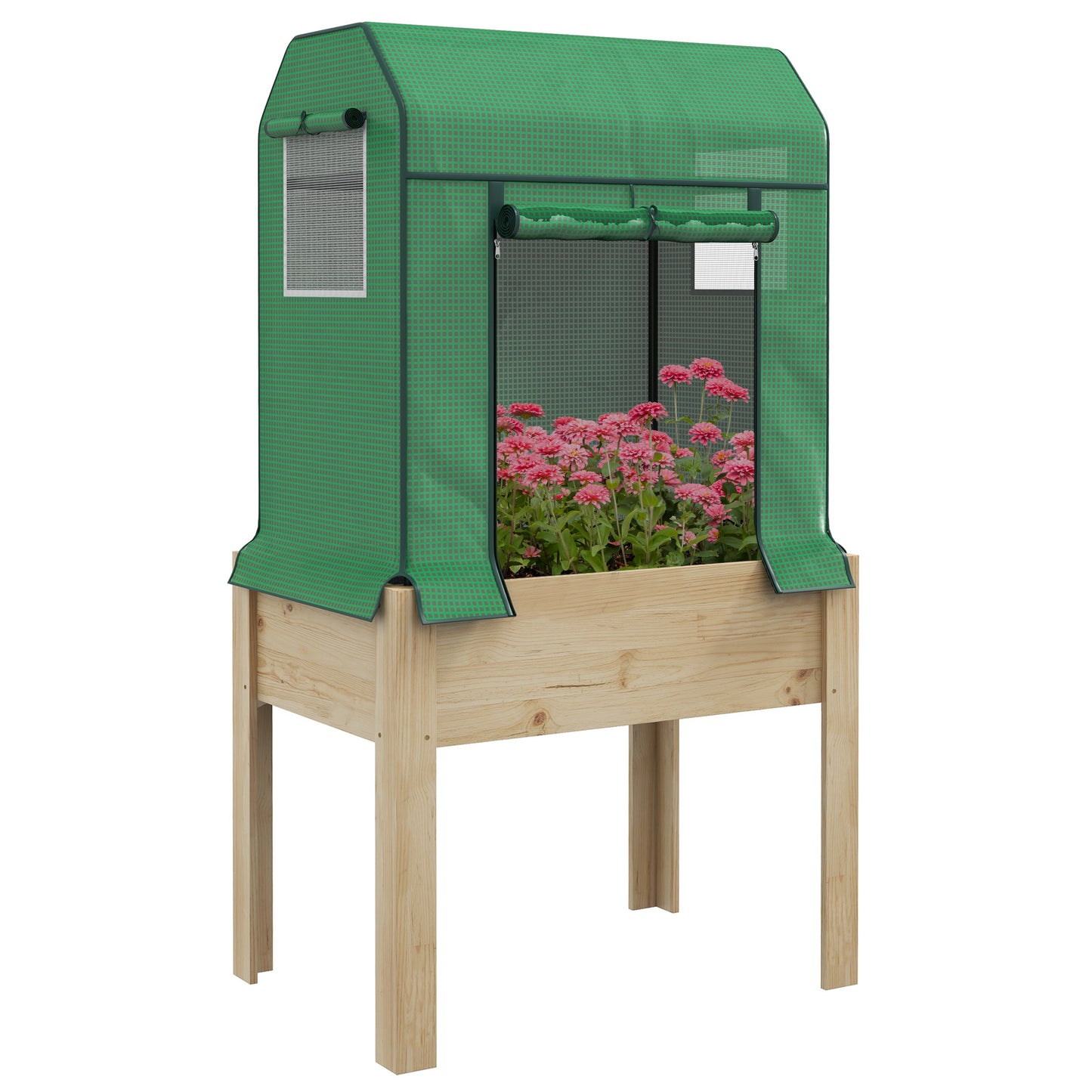 Wooden Planter Box with PE Greenhouse Cover and Bed Liner, Raised Garden Bed for Vegetables, Flowers, Herbs