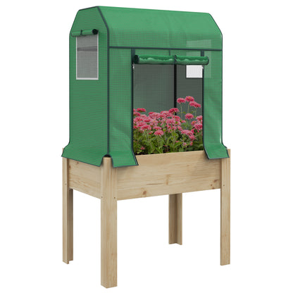 Wooden Planter Box with PE Greenhouse Cover and Bed Liner, Raised Garden Bed for Vegetables, Flowers, Herbs