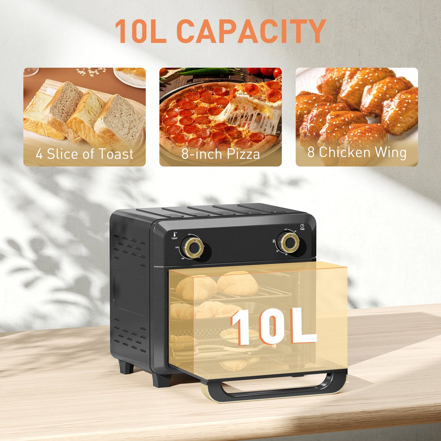 10L Air Fryer Oven, Mini Oven, Oil Free Cooking, Grill, Roast, Bake, with Adjustable Temperature, Timer, Dishwasher Safe
