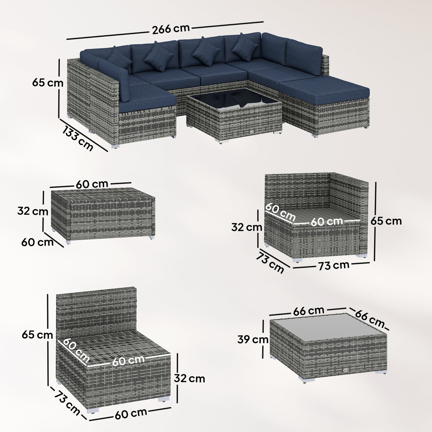 8 Pieces PE Rattan Corner Sofa Set, Outdoor Garden Furniture Set, Patio Wicker Sofa Seater with Cushion, Dark Blue