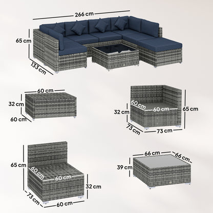 8 Pieces PE Rattan Corner Sofa Set, Outdoor Garden Furniture Set, Patio Wicker Sofa Seater with Cushion, Dark Blue