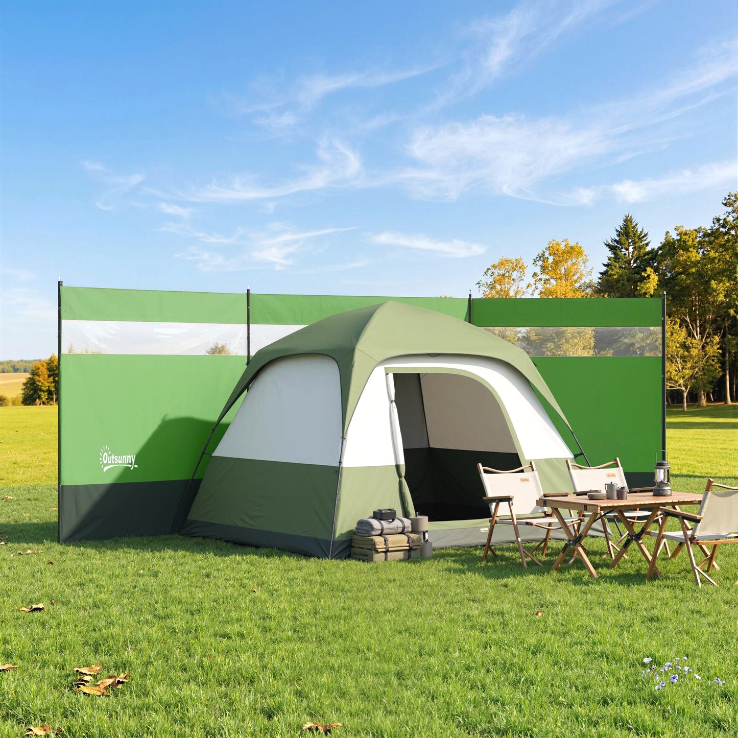 Camping Windbreaker with Clear Windows, Carry Bag and Steel Poles, for Beach Caravan Campervan, 440 x 140cm, Army Green