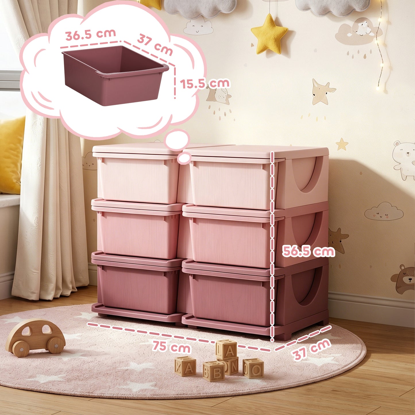 Kids Storage Unit, with Six Drawers - Pink