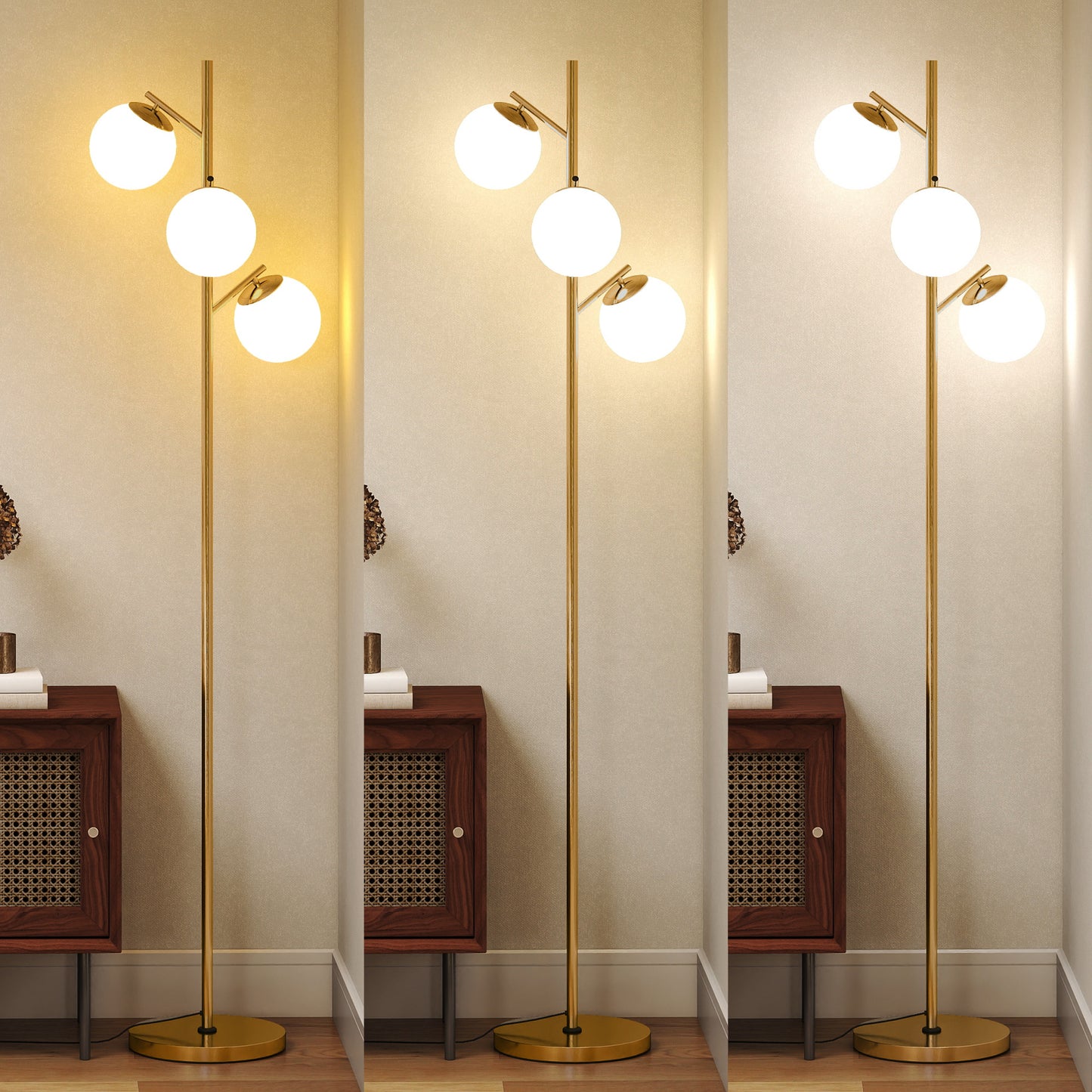 3-Light Tree Floor Lamps for Living Room, Modern Standing Lamp for Bedroom with Globe Lampshade