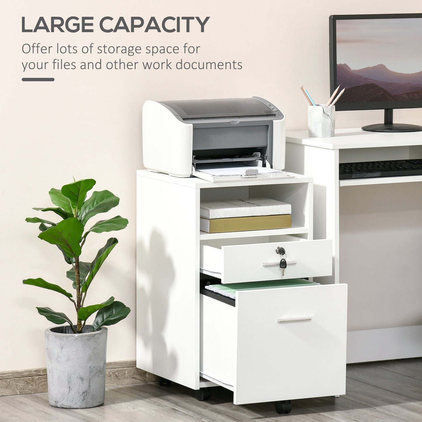 Lockable Two-Drawer Filing Cabinet, with Wheels - White