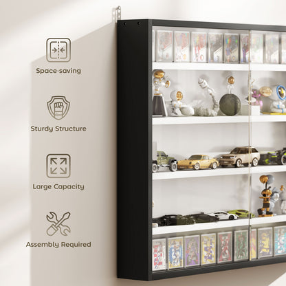 5-Tier Wall Display Cabinet, Wall Mounted Display Case w/ 4 Adjustable Shelves, Glass Doors, 60x80cm, Black and White