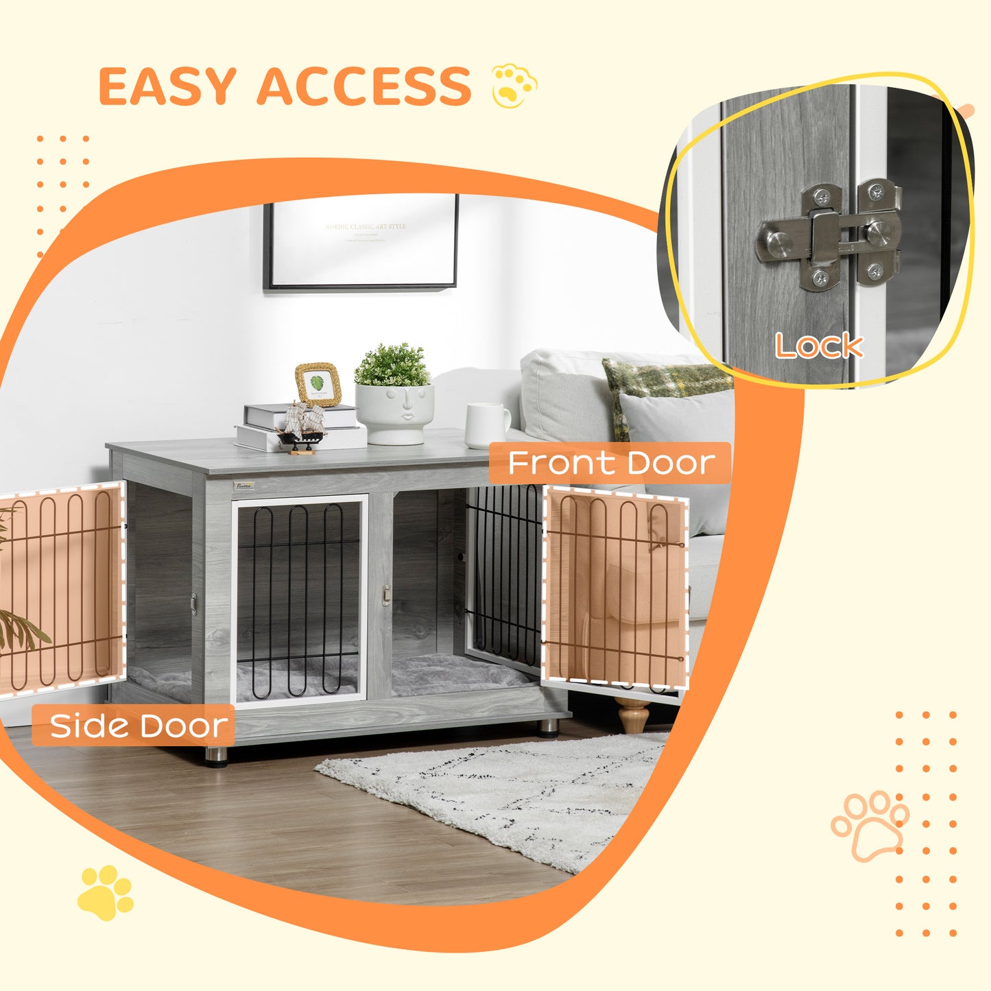 Dog Crate Furniture, Dog Cage End Table. with Soft Cushion, Double Door, for Medium/Large Dogs, Grey