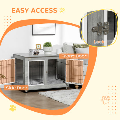 Dog Crate Furniture, Dog Cage End Table. with Soft Cushion, Double Door, for Medium/Large Dogs, Grey