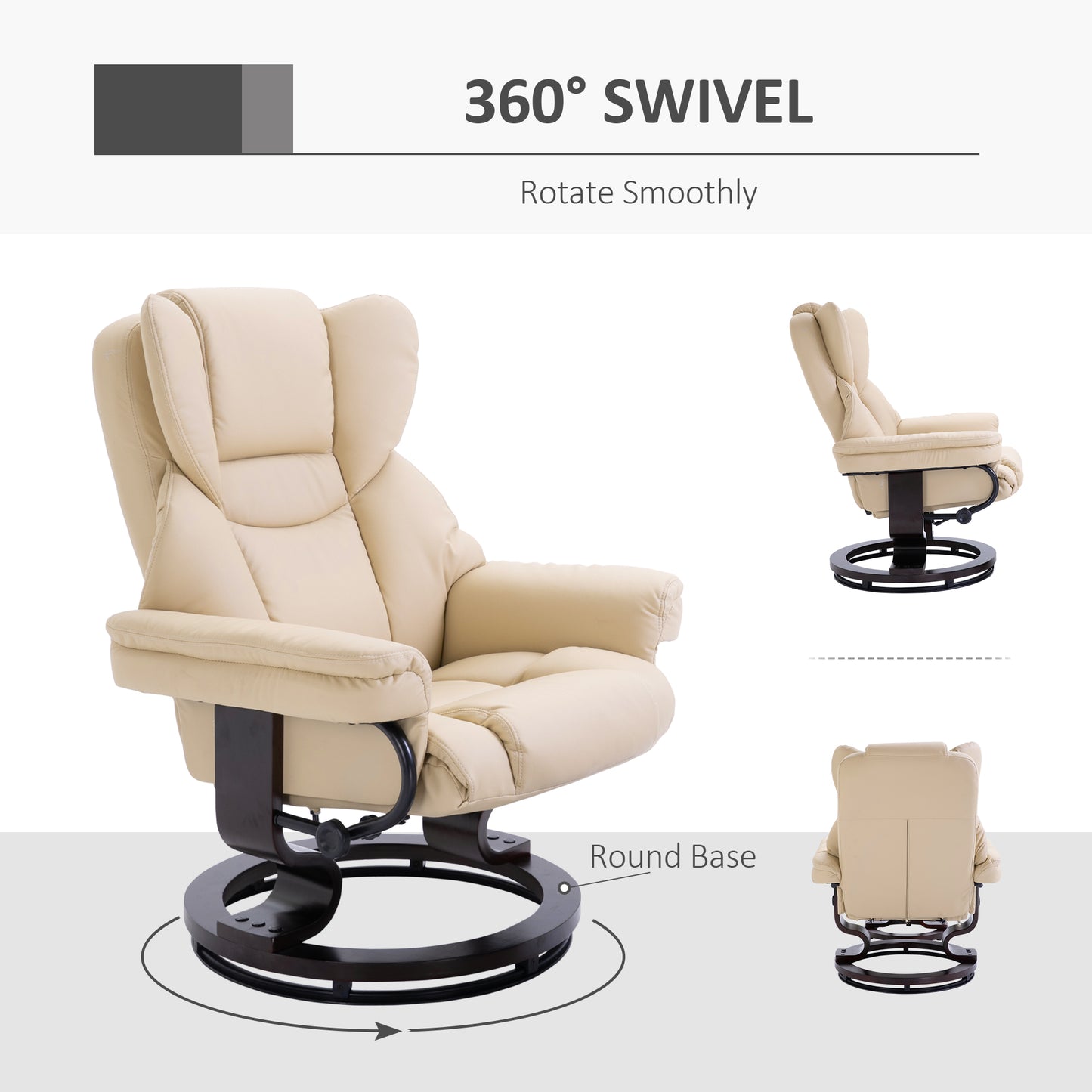 360° Swivel Recliner Chair with Footstool, PU Leather Manual Recliner Armchair with Footstool, Solid Wood Base