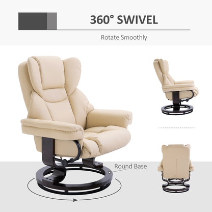 360° Swivel Recliner Chair with Footstool, PU Leather Manual Recliner Armchair with Footstool, Solid Wood Base