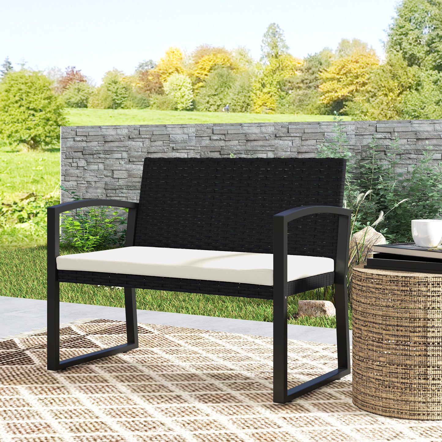 Two-Seater Rattan Garden Bench - Beige