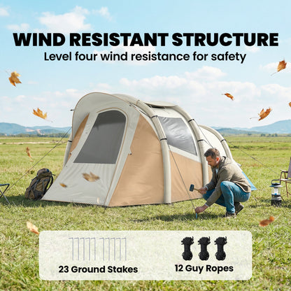 Inflatable Camping Tent w/ Air Pump, Easy Setup 2-3 Person Blow Up Tent, Khaki