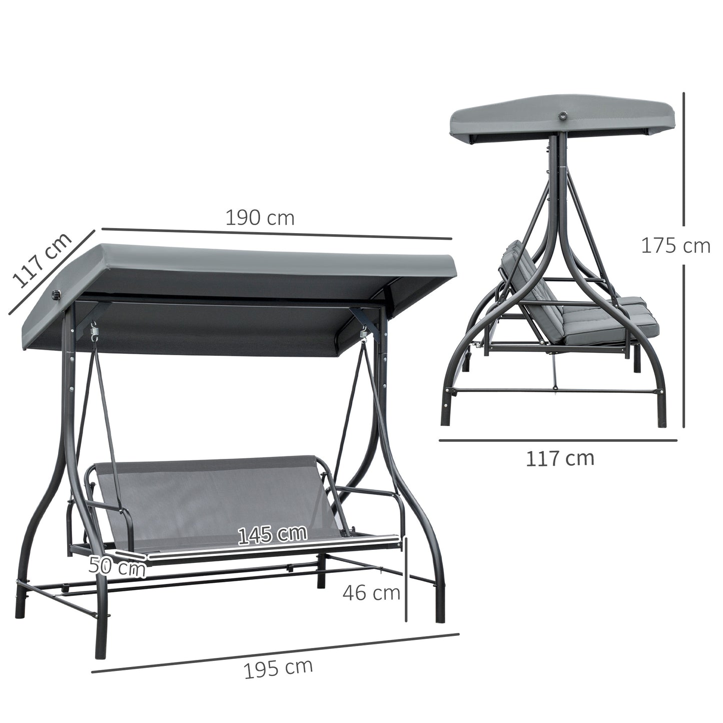 3 Seater Garden Swing Chair, 2 in 1 Convertible Patio Swing Seat Bed with Adjustable Canopy, Cushions and Metal Frame