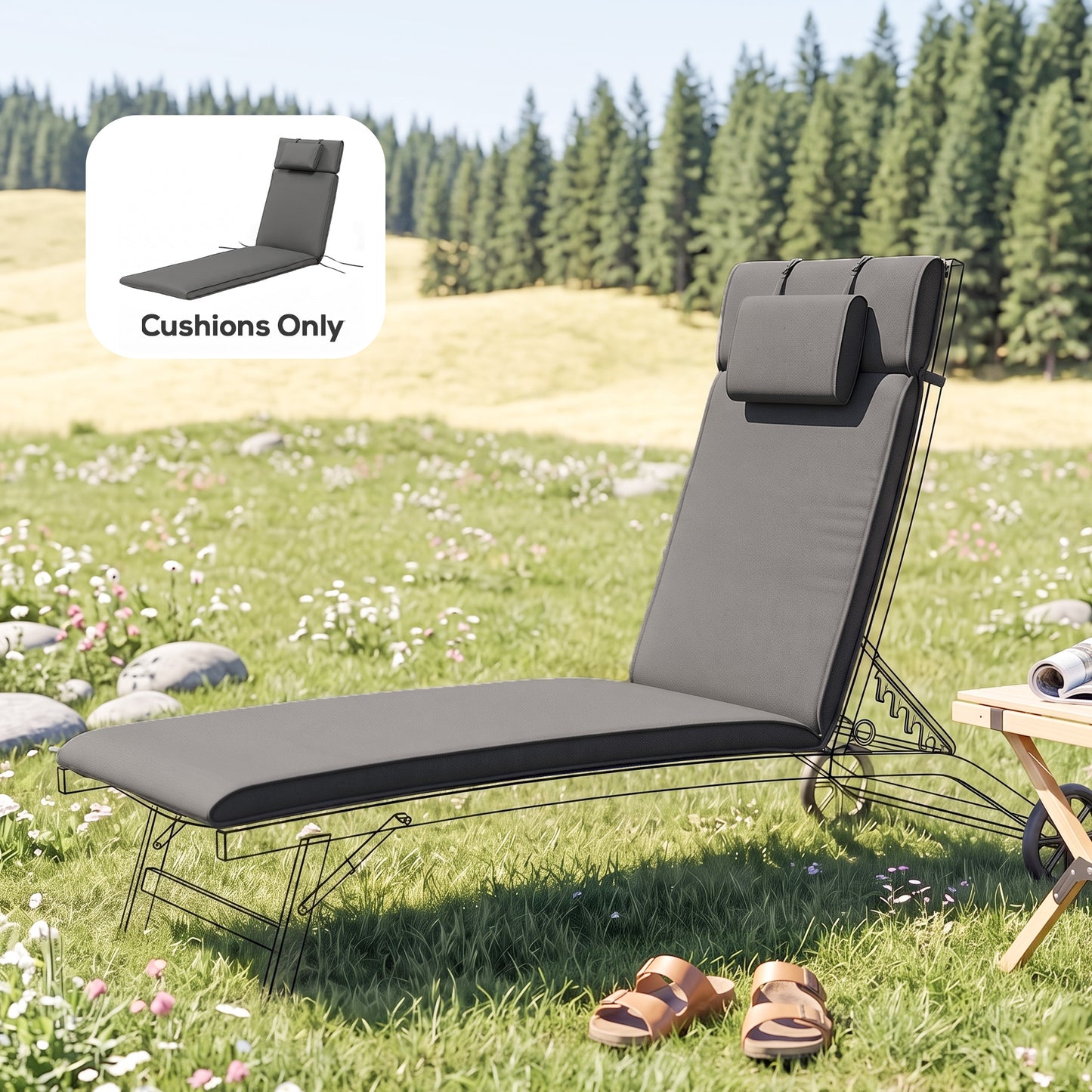 Garden Sun Lounger Cushion Replacement Soft Sunbed Reclining Chair Relaxer Pad with Pillow, Cushion ONLY - Grey