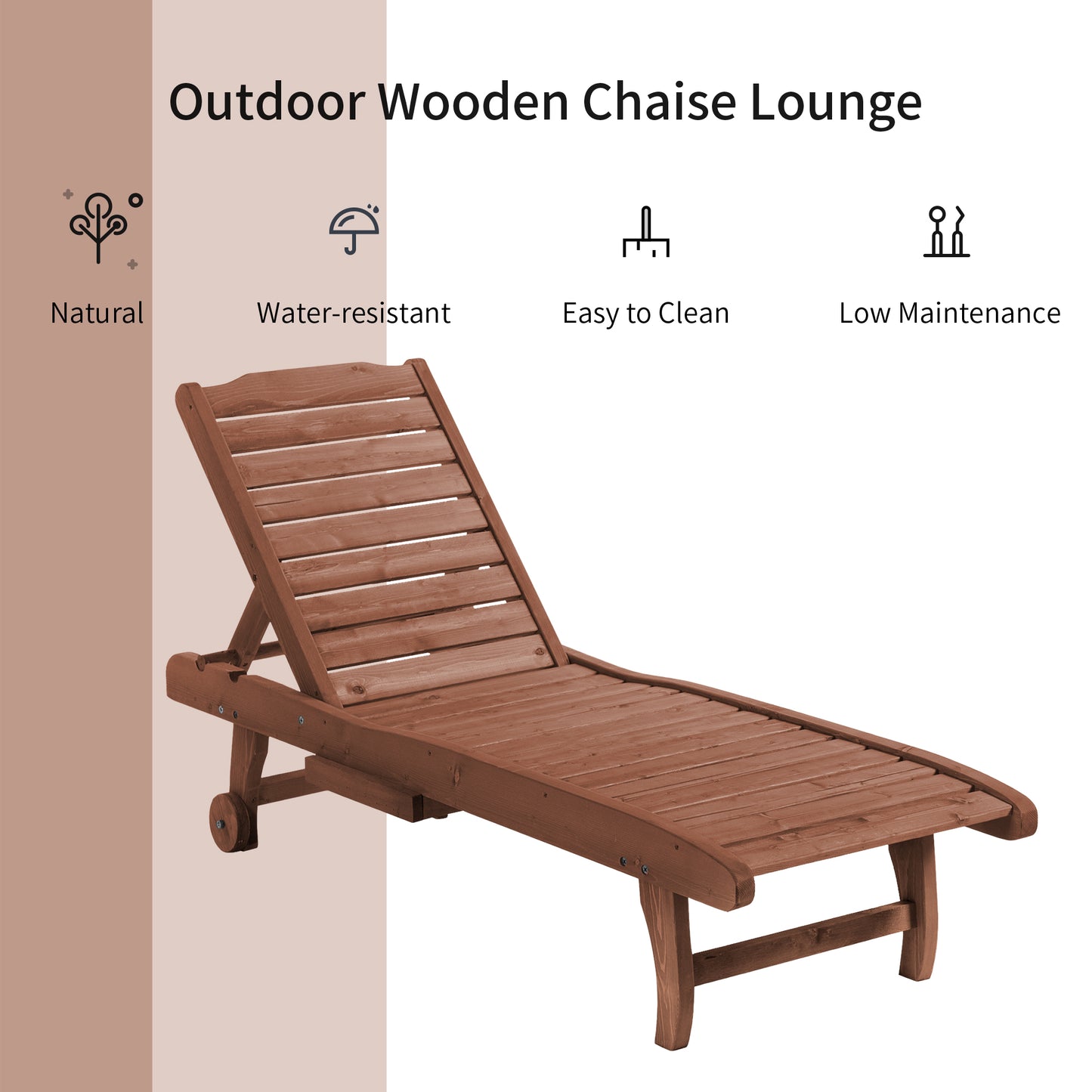 Outdoor Wooden Lounger Chair, Sun Bed with Built-In Table, Adjustable Backrest and Wheels, Red Brown