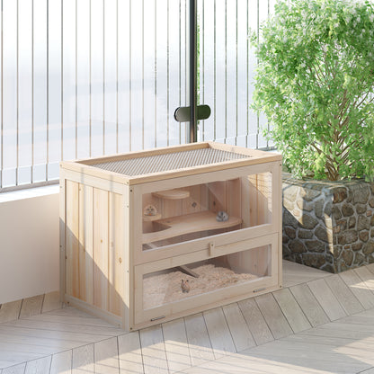 Wooden Hamster Cage Mouse Mice Rodent Small Animals Hutch Exercise Play House 60 x 35 x 42cm, Natural Wood Finish