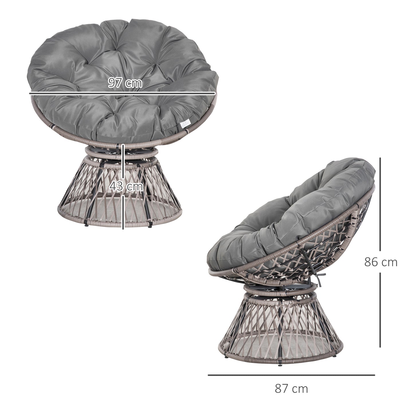 360° Swivel Rattan Papasan Moon Bowl Chair Round Lounge Garden Wicker Basket Seat with Padded Cushion Oversized for Outdoor I
