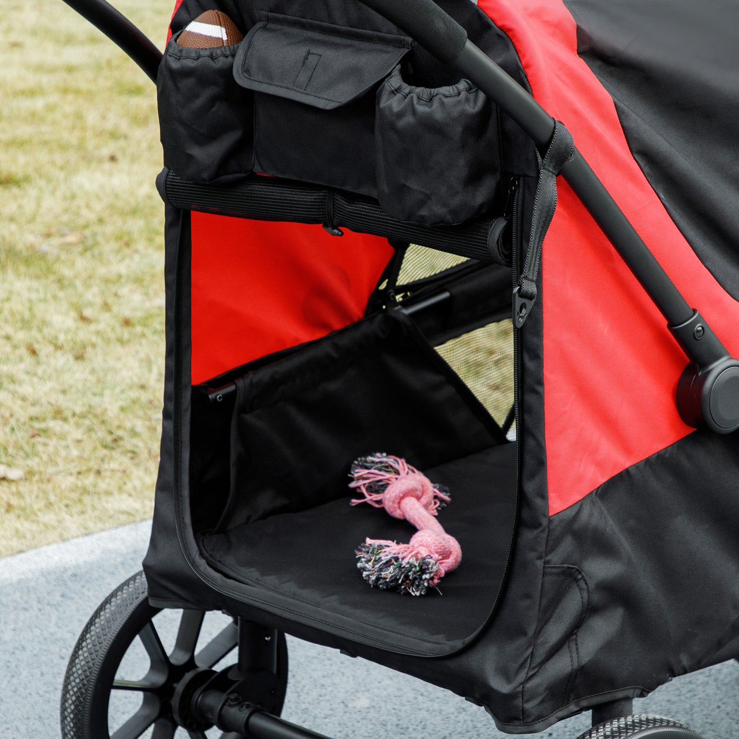 Foldable Pet Stroller for Large Dogs with Four Big Wheels, Shock-Absorbing Frame, Safety Leashes, Brakes, Red/Black