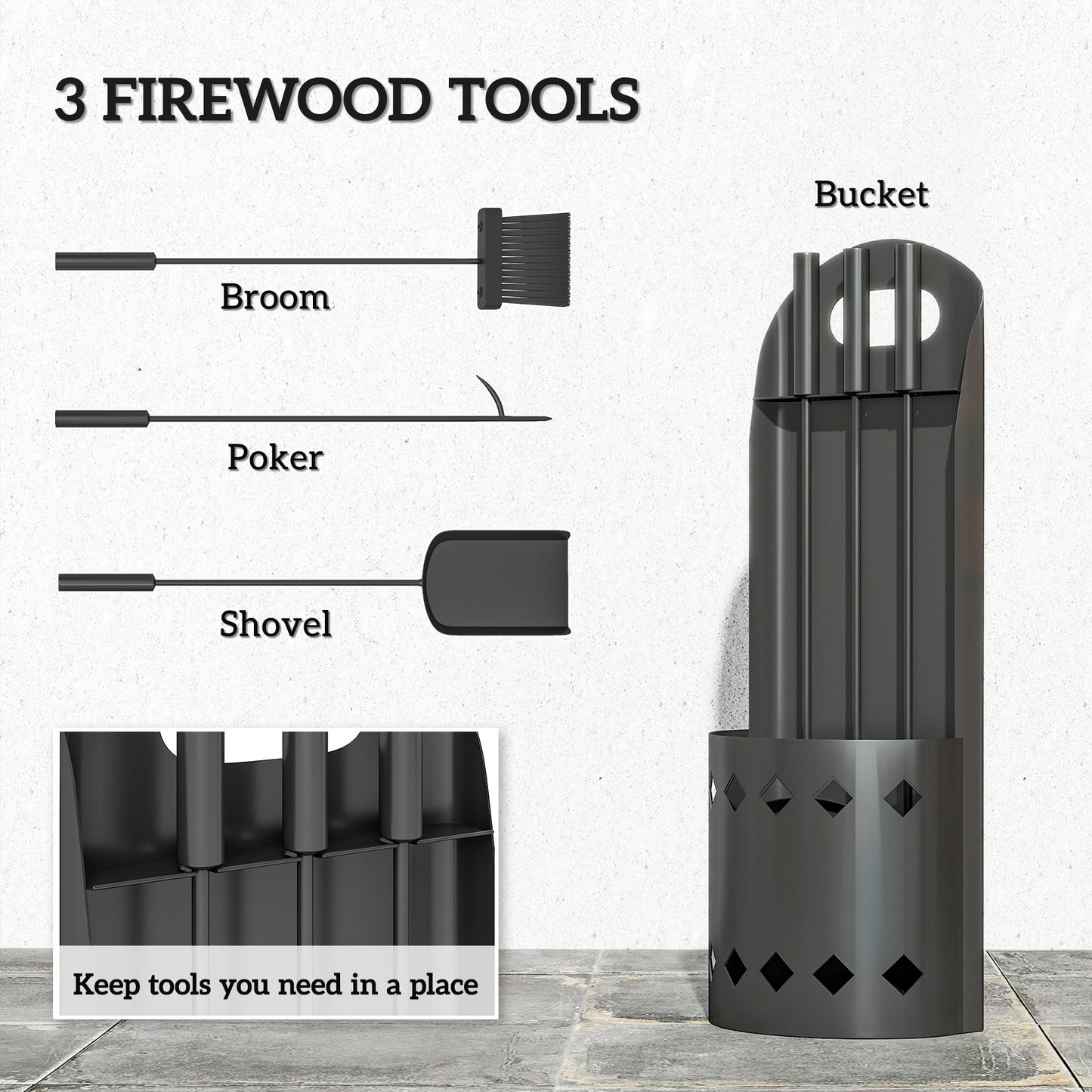 4 Pieces Fireplace Companion Set, Metal Fireplace Accessories Fireside Companion Set with Broom, Shovel, Poker, Bucket, Black