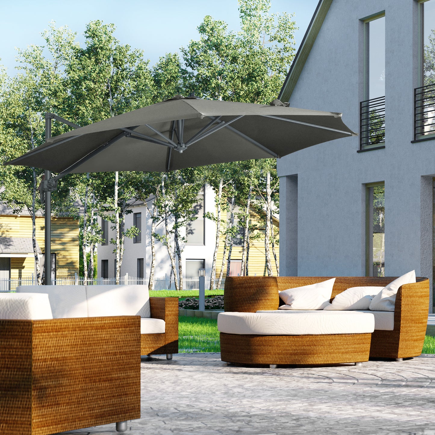 3 x 3(m) Cantilever Parasol with Cross Base, Garden Umbrella with 360° Rotation, Crank Handle and Tilt for Outdoor, Patio
